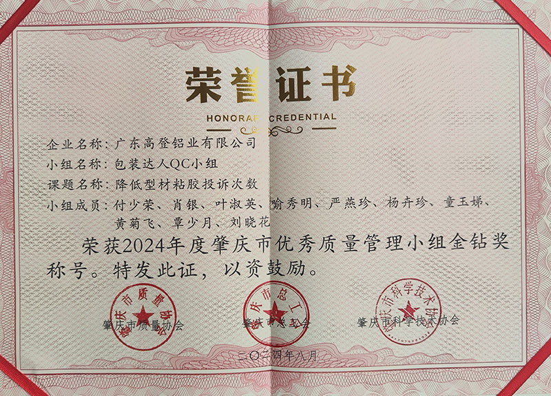 榮獲2024年度肇慶市優(yōu)秀質(zhì)量管理小組金鉆獎稱號