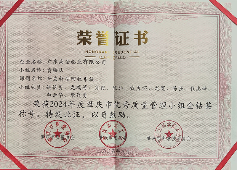 榮獲2024年度肇慶市優(yōu)秀質(zhì)量管小組金鉆獎稱號。特發(fā)此證,以資鼓勵